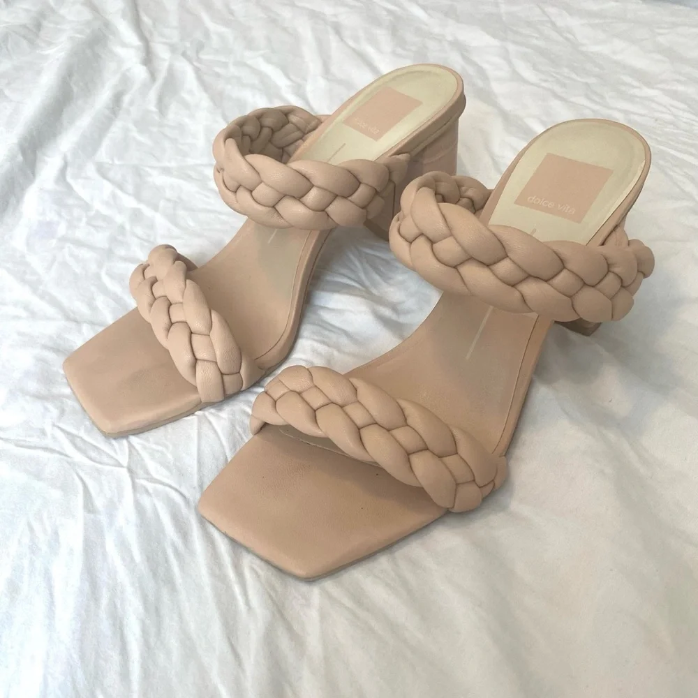Dolce Vita Nude Braided Strap Block Heel Sandals - Picture 2 of 6